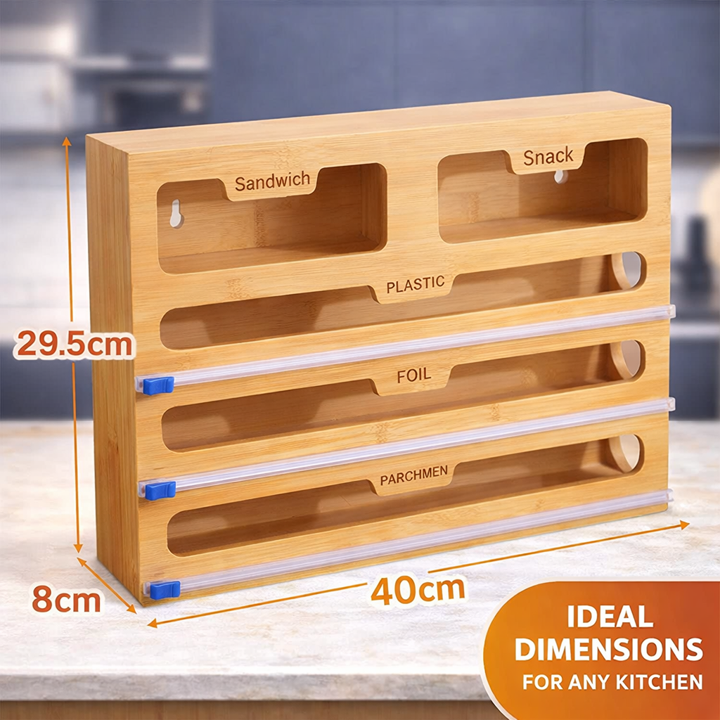 Organizator 5-în-1 pentru Pungi Ziplock din Bambus – Dispenser Bucătărie